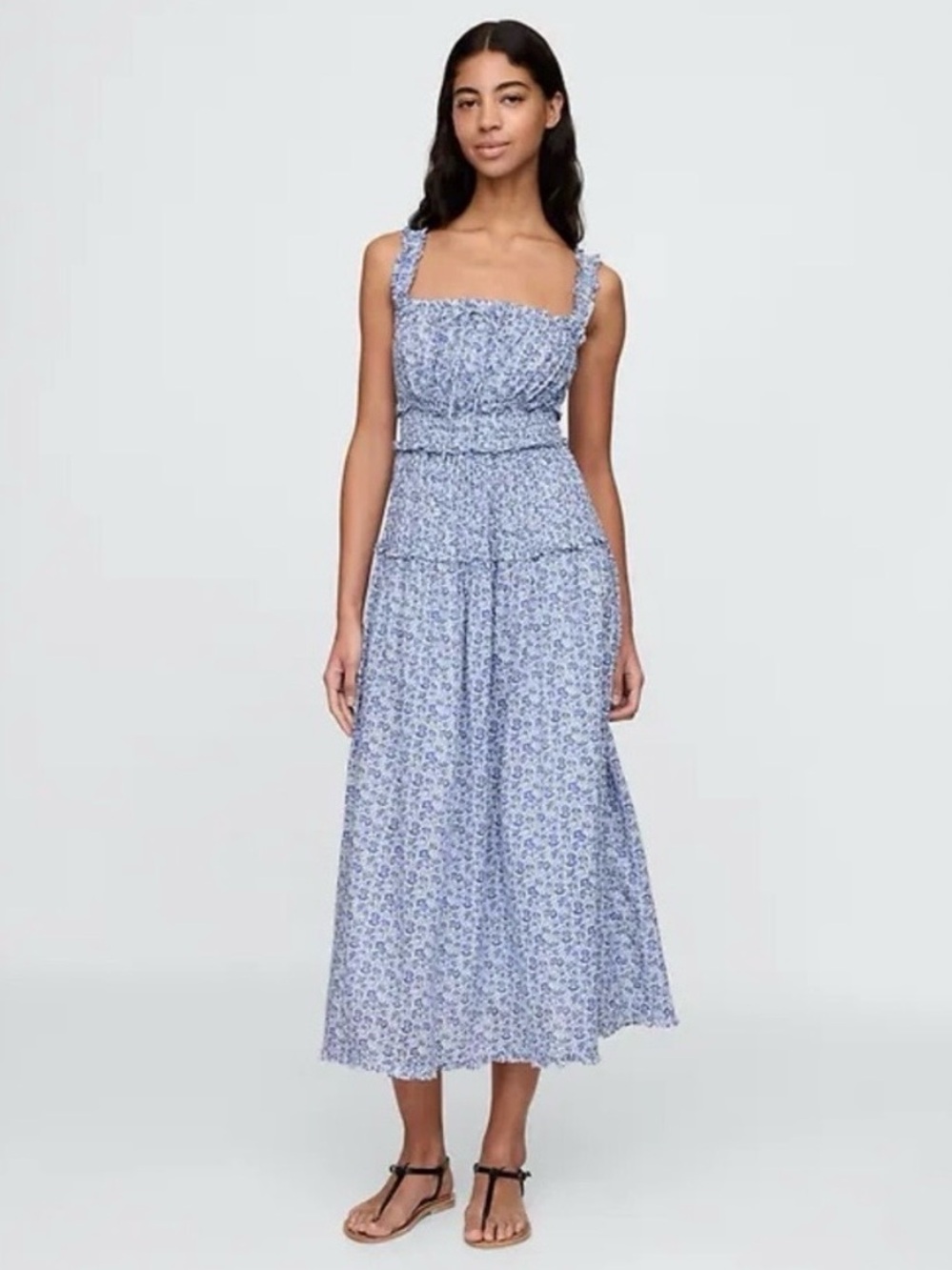 NWT Gap x Doen Smocked Blue White Floral Midi Dress Ruffled Straps size medium